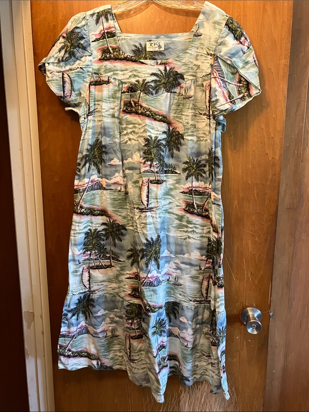 Vintage Ky’s Hawaiian Muumuu Tropical Print Blue Green  Palm Pattern Size M